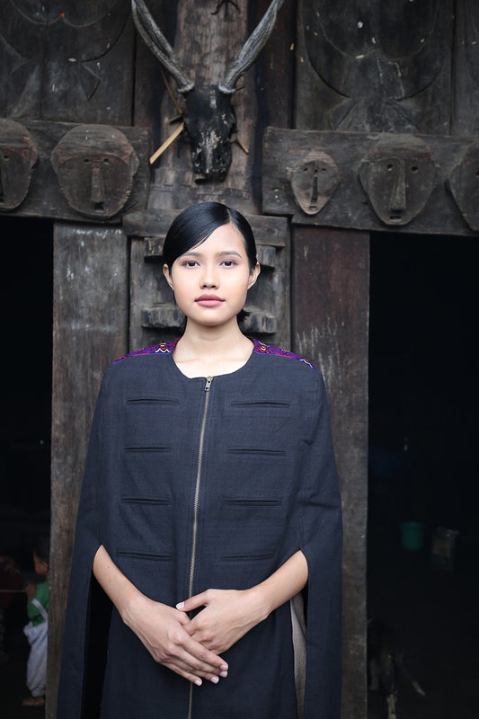 Handwoven Military Style Cape coat, designed by Khumanthem Atelier