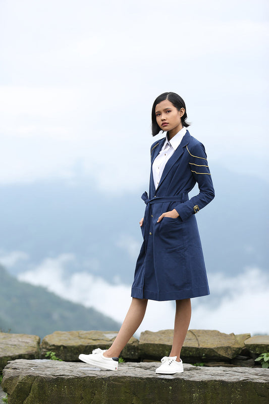 Handwoven Trench coat with golden trims, designed by Khumanthem Atelier