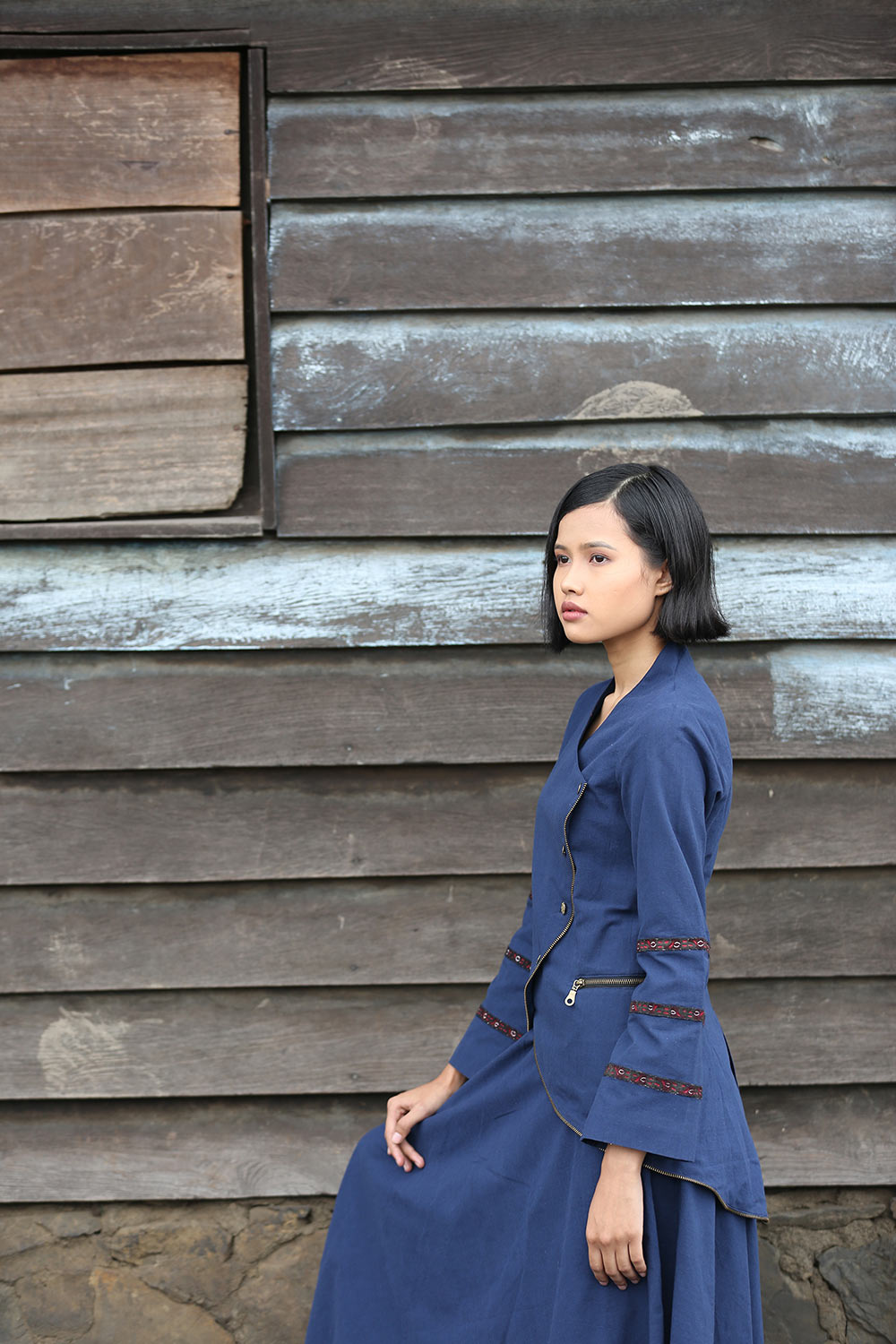 Hand embroidered jacket with antique gold buttons and zippered pocket, designed by Khumanthem Atelier