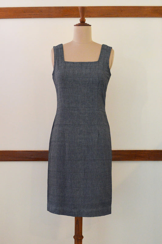 Close up front view of Handwoven Square neckfitted midi dress, designed by Khumanthem Atelier