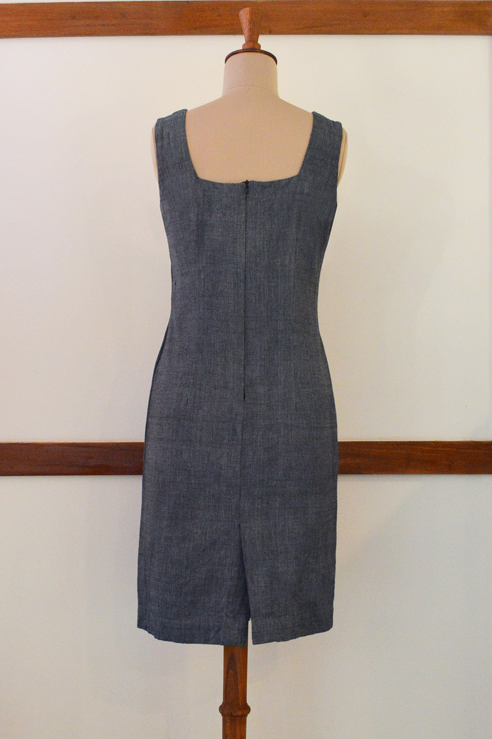 Close up back view of Handwoven Square neckfitted midi dress, designed by Khumanthem Atelier