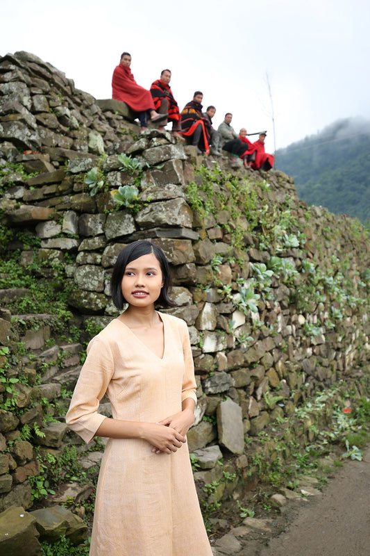 Handwoven Fitted dress with crescent cut out back, designed by Khumanthem Atelier