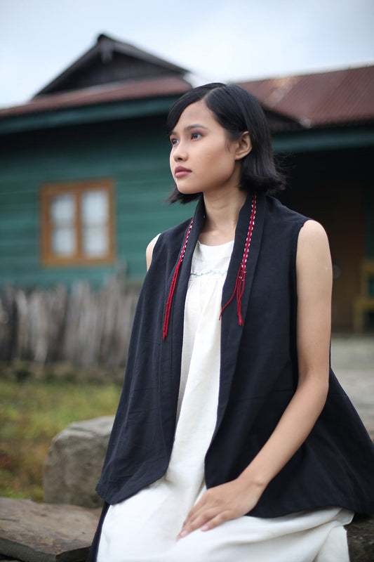 Side view of the Handwoven Gathered Sleeveless Dress, designed by Khumanthem Atelier