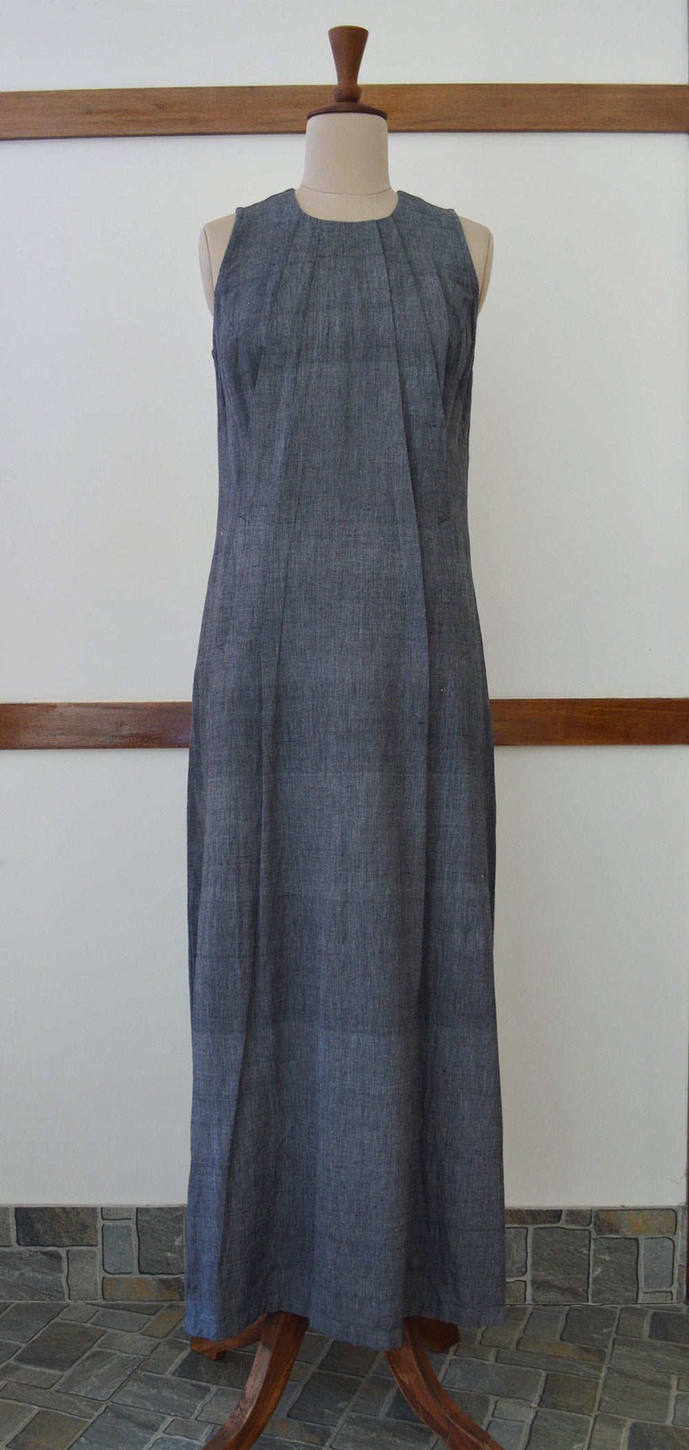 Close up front view of Handwoven Pleated maxi dress, designed by Khumanthem Atelier