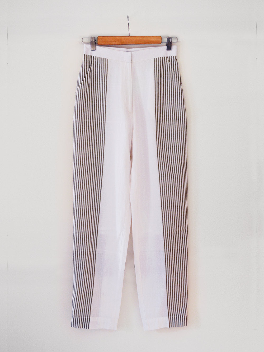Back view of Hand woven Straight Pants with white and olive stripes, 100% cotton, designed by Khumanthem Atelier