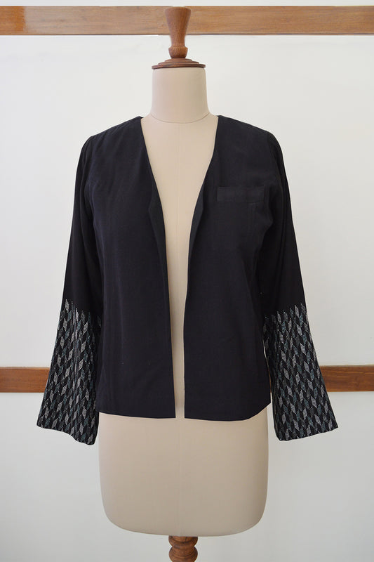 Close up front view of Handwoven Metallic weave sleeves coat for women, designed by Khumanthem Atelier