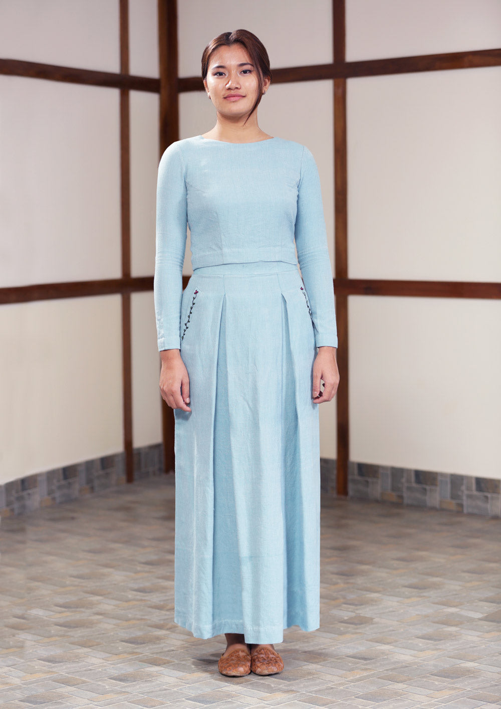 Handwoven cotton Pleated maxi skirt with floral embroidery, designed by Khumanthem Atelier
