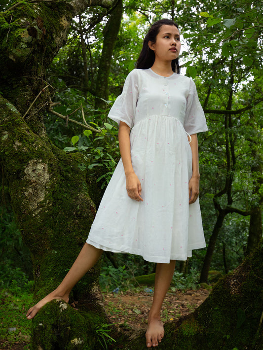 Handwoven Gathered waist cotton dress, designed by Khumanthem Atelier