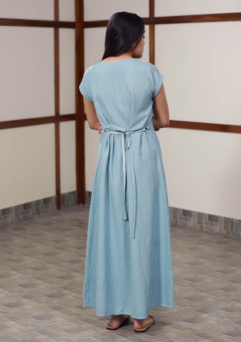 Back view of Handwoven cotton Reversible twill-weave kaftan dress with belt, designed by Khumanthem Atelier