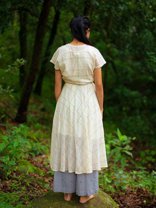 Model wearing Handwoven cotton wrap dress, designed by Khumanthem Atelier, back view