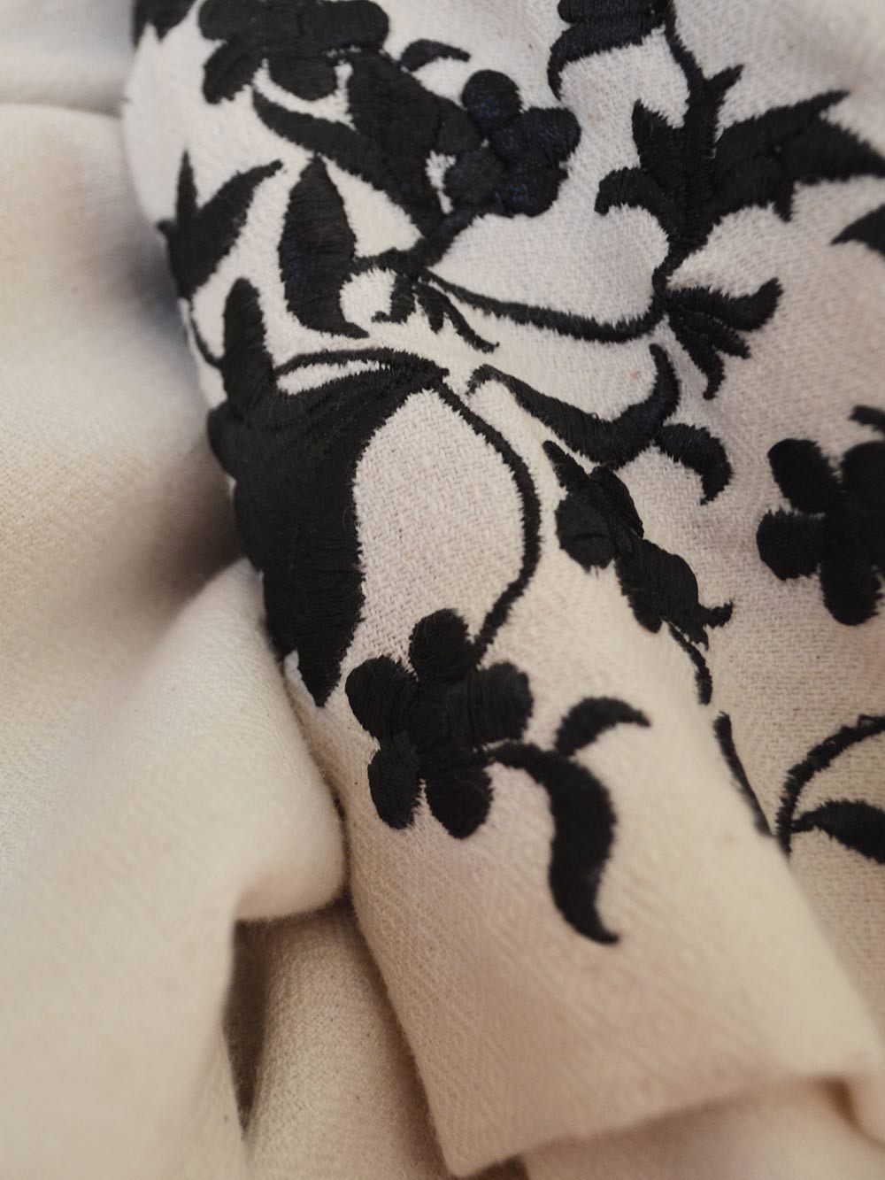 Close up view of the embroidered trench coat designed by Khumanthem Atelier