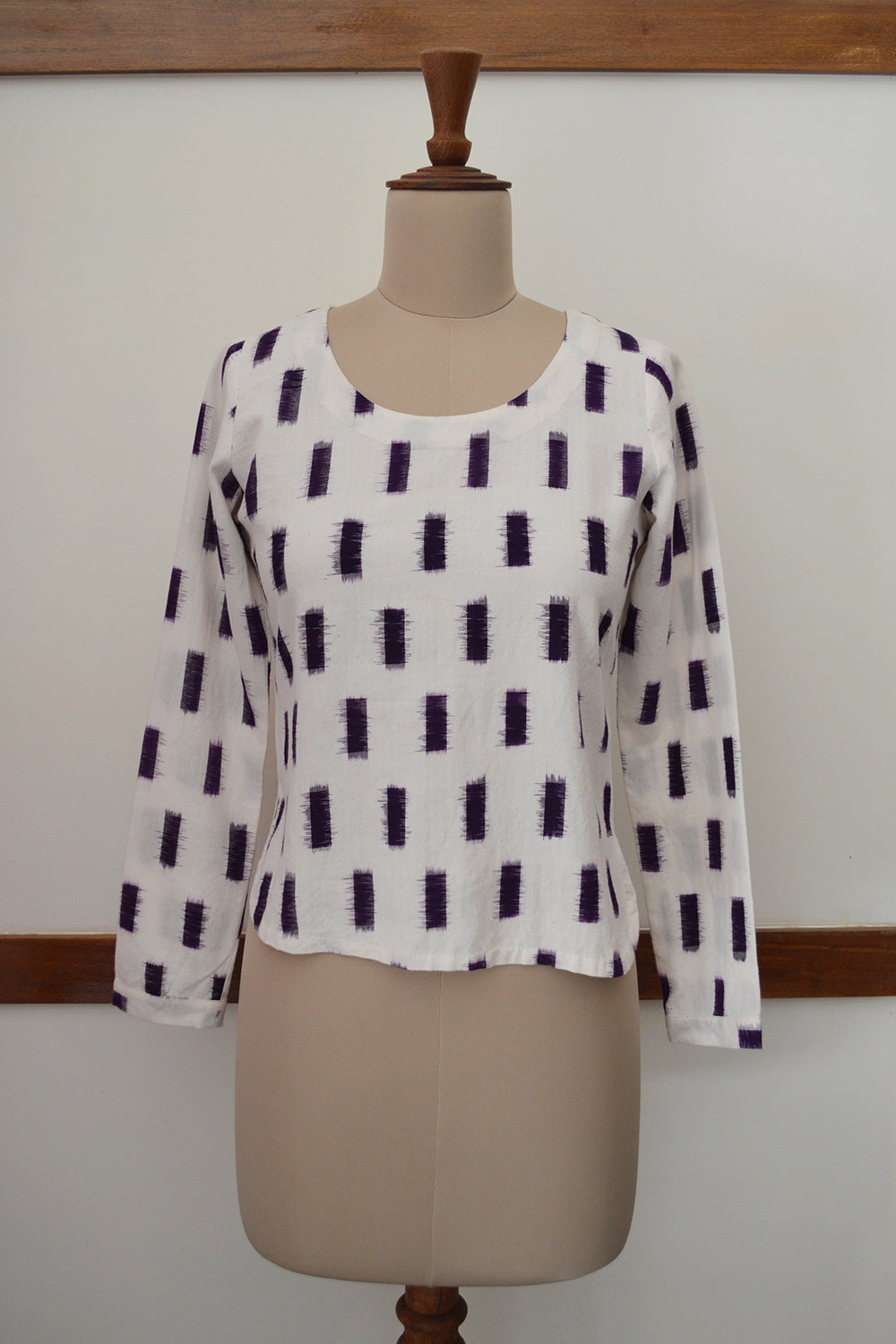 close up front view  of the Handwoven Ikat Weave Top with Round Neck, designed by Khumanthem Atelier