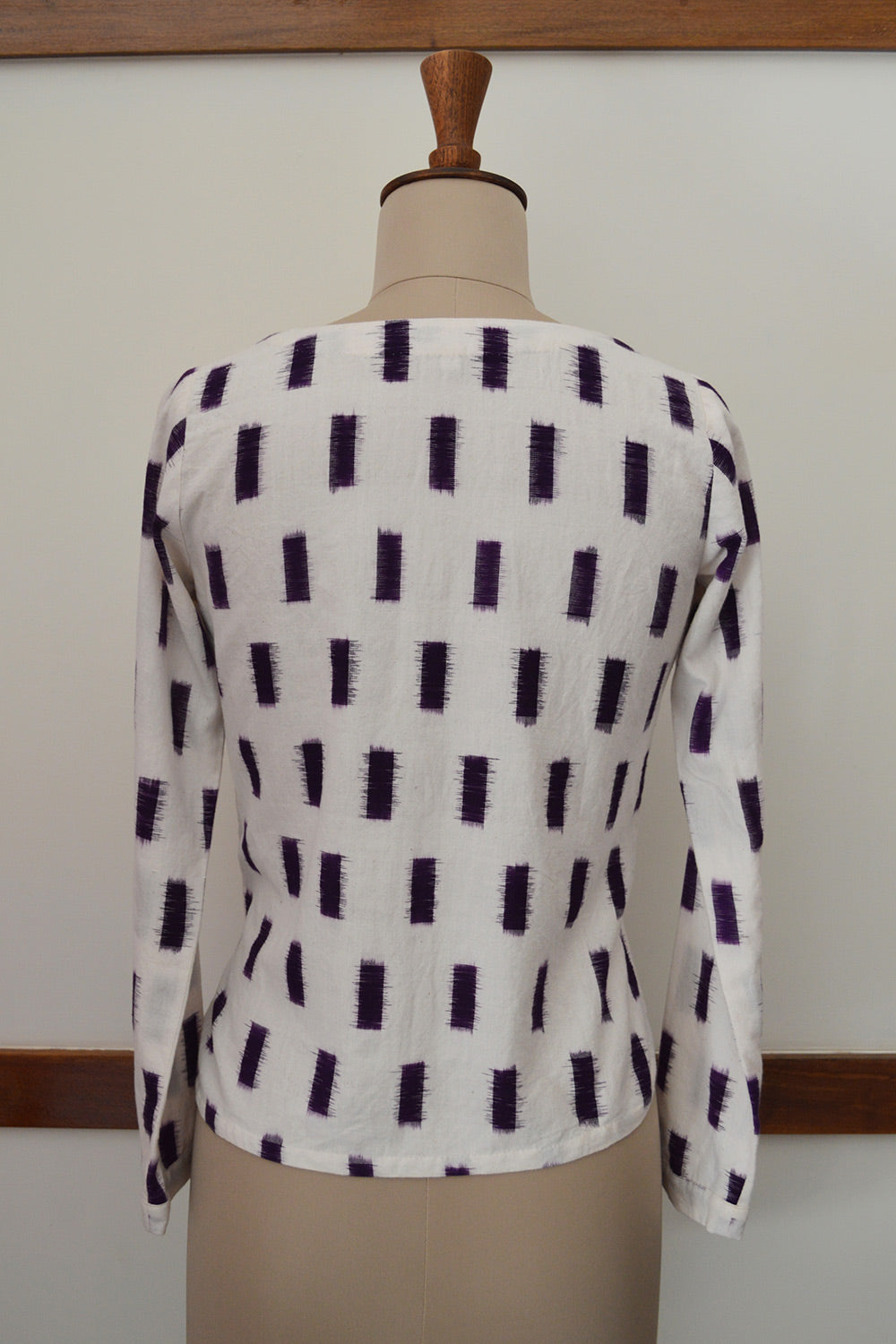 close up back view of the Handwoven Ikat Weave Top with Round Neck, designed by Khumanthem Atelier