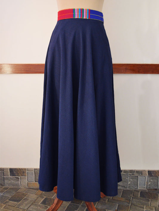 full front view of the handwoven Maxi skirt with bold extra weft design belt, designed by Khumanthem Atelier