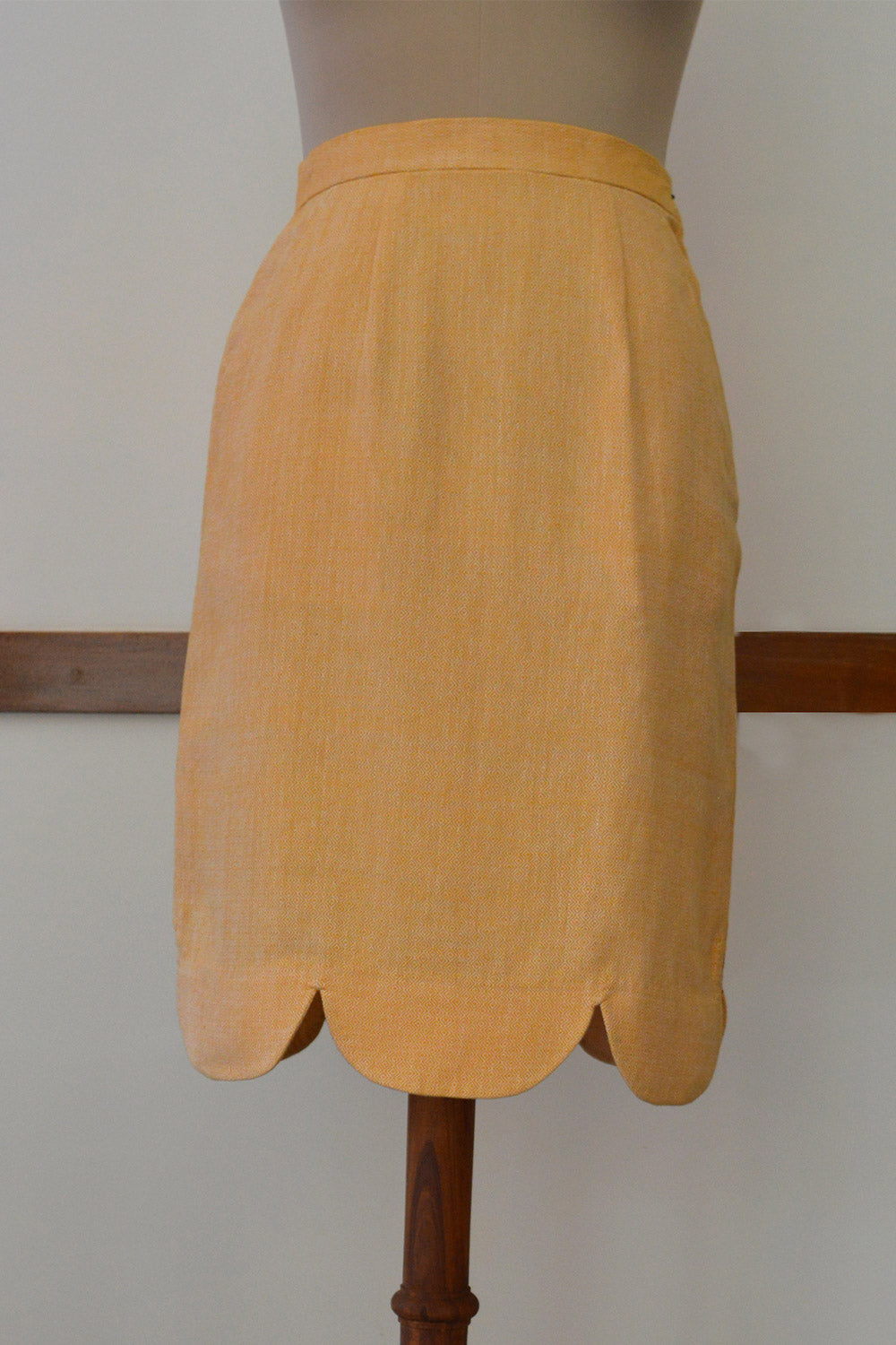 Close up back view Handwoven Scallop skirt with side zipper, designed Khumanthem Atelier