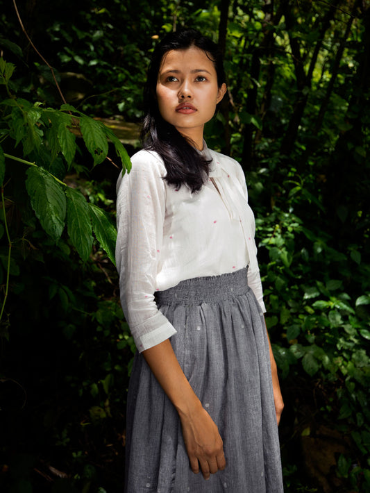 Handwoven Dainty Pink dots cotton blouse, quarter sleeves, designed Khumanthem Atelier