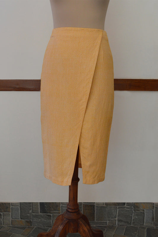 Close up front view of Handwoven Tapered skirt with side zipper, designed by Khumanthem Atelier