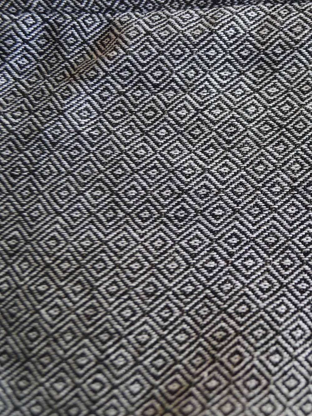 Close up view of the material used in making the Diamond Patterned coat with braided tie-up at the collar designed by Khumanthem Atelier