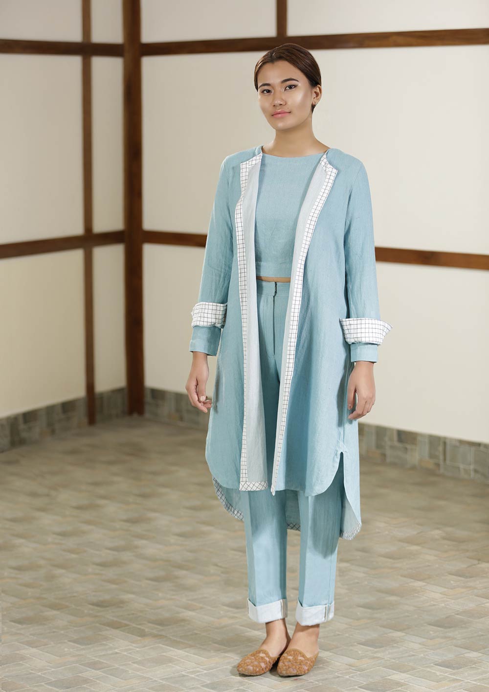 Handwoven cotton blue Twill weave reversible coat, designed by Khumanthem Atelier
