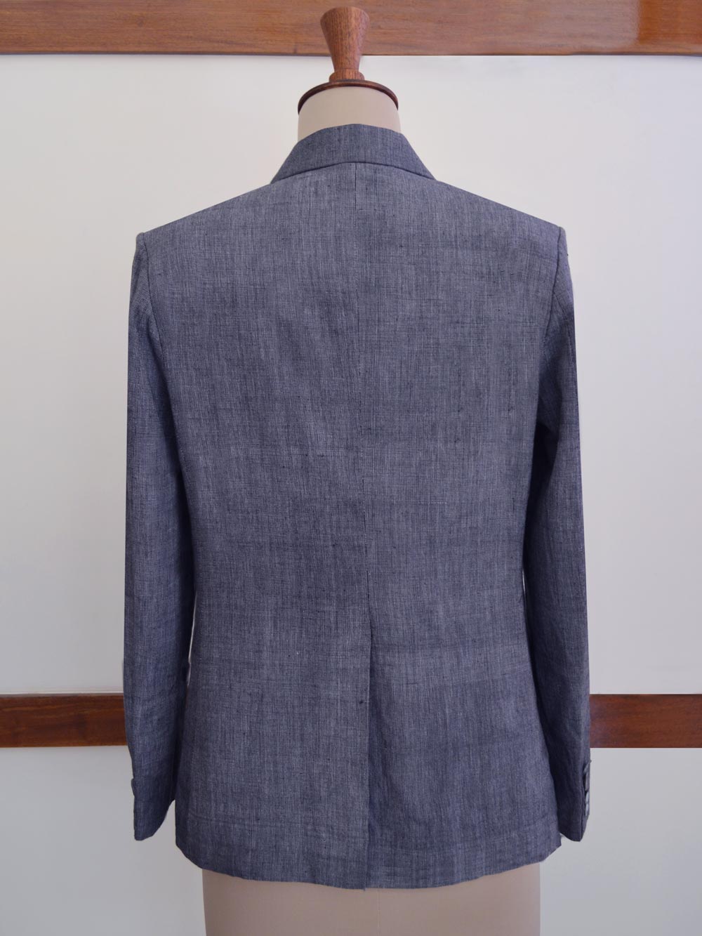 Full back view of the Handwoven Single button coat with cropped trousers, designed by Khumanthem Atelier