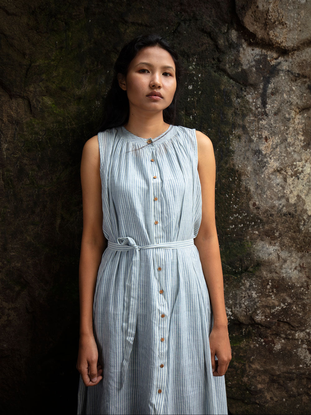 Handmade Striped sleeveless cotton tunic dress gathered neckline – Khumanthem Atelier Handmade Striped sleeveless cotton tunic dress gathered neckline – Khumanthem Atelier
