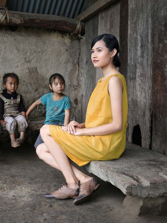 Handwoven Shift Dress with bow back, designed by Khumanthem Atelier