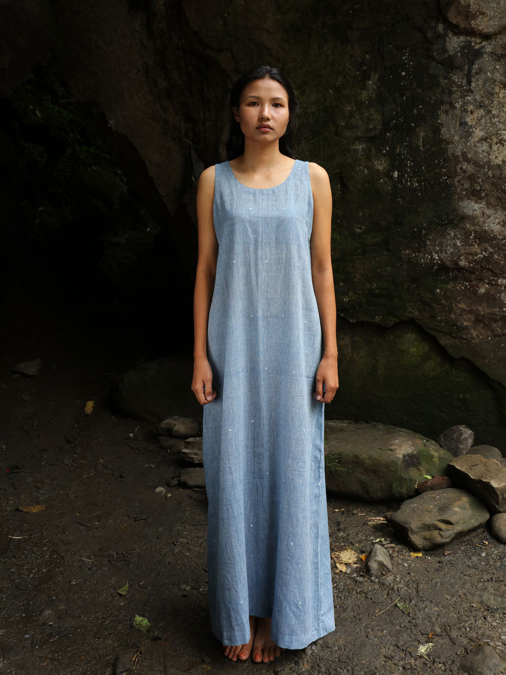 Handwoven straight cotton maxi dress with dotted design Khumanthem Atelier Handwoven straight cotton maxi dress with dotted design Khumanthem Atelier