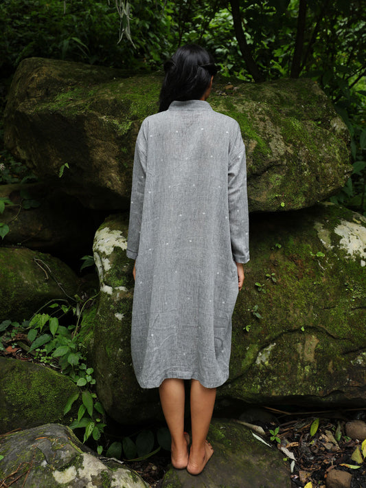 model wearing Handwoven Cotton Tunic Dress- Cheongsam inspired, designed by Khumanthem Atelier, back view
