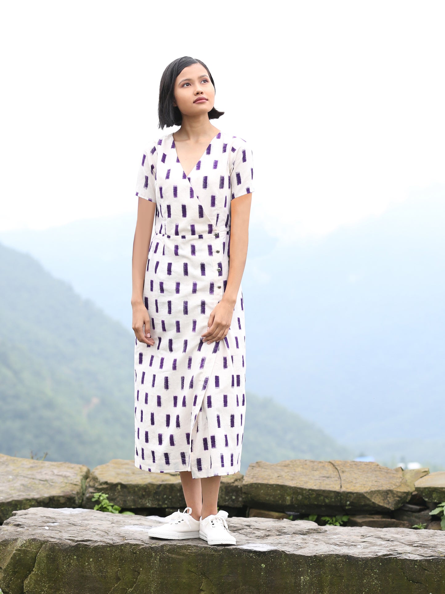Handwoven Cross-over Ikat midi dress, designed by Khumanthem Atelier