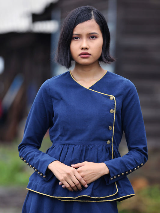 Featuring gathered waist, golden trims and antique gold buttons