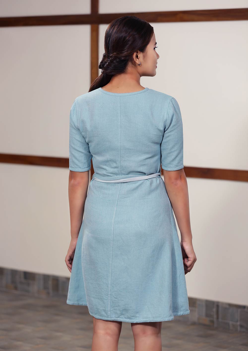 Back view of Handwoven Twill weave reversible dress, designed by Khumanthem Atelier