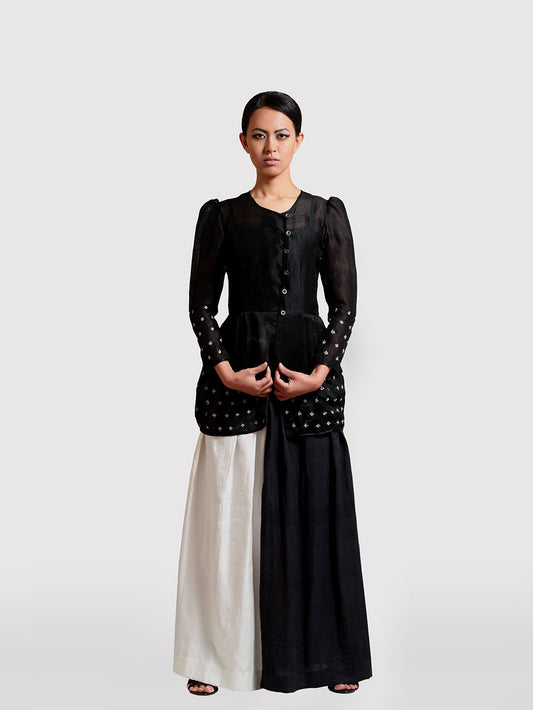 Hand embroidered Sheer Black Coat with sprinkle of creme flower with puffed shoulder handmade from mulberry silk designed by Khumanthem Atelier
