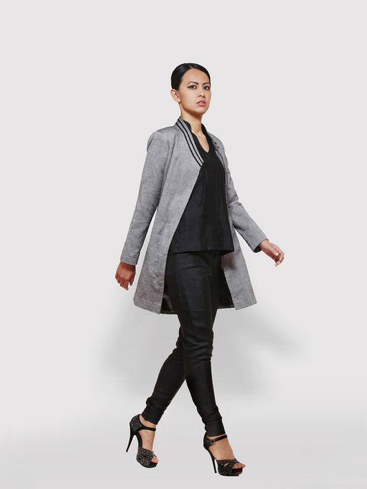 Diamond Patterned coat with braided tie-up at the collar handwoven with 100% pure cotton designed by Khumanthem Atelier