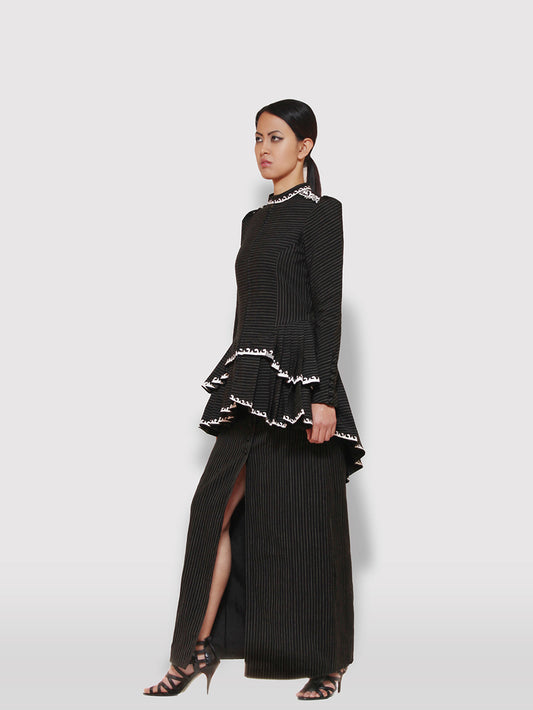 Black and gold stripe High- low tiered Jacket with applique work designed by Khumanthem Atelier