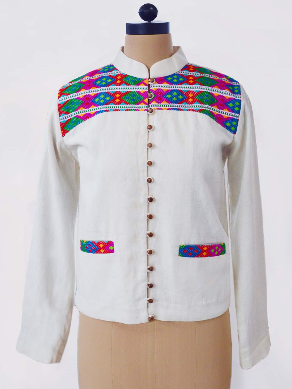 Close up front view of Handwoven Short coat with traditional Chothe weave of Manipur, designed by Khumanthem Atelier