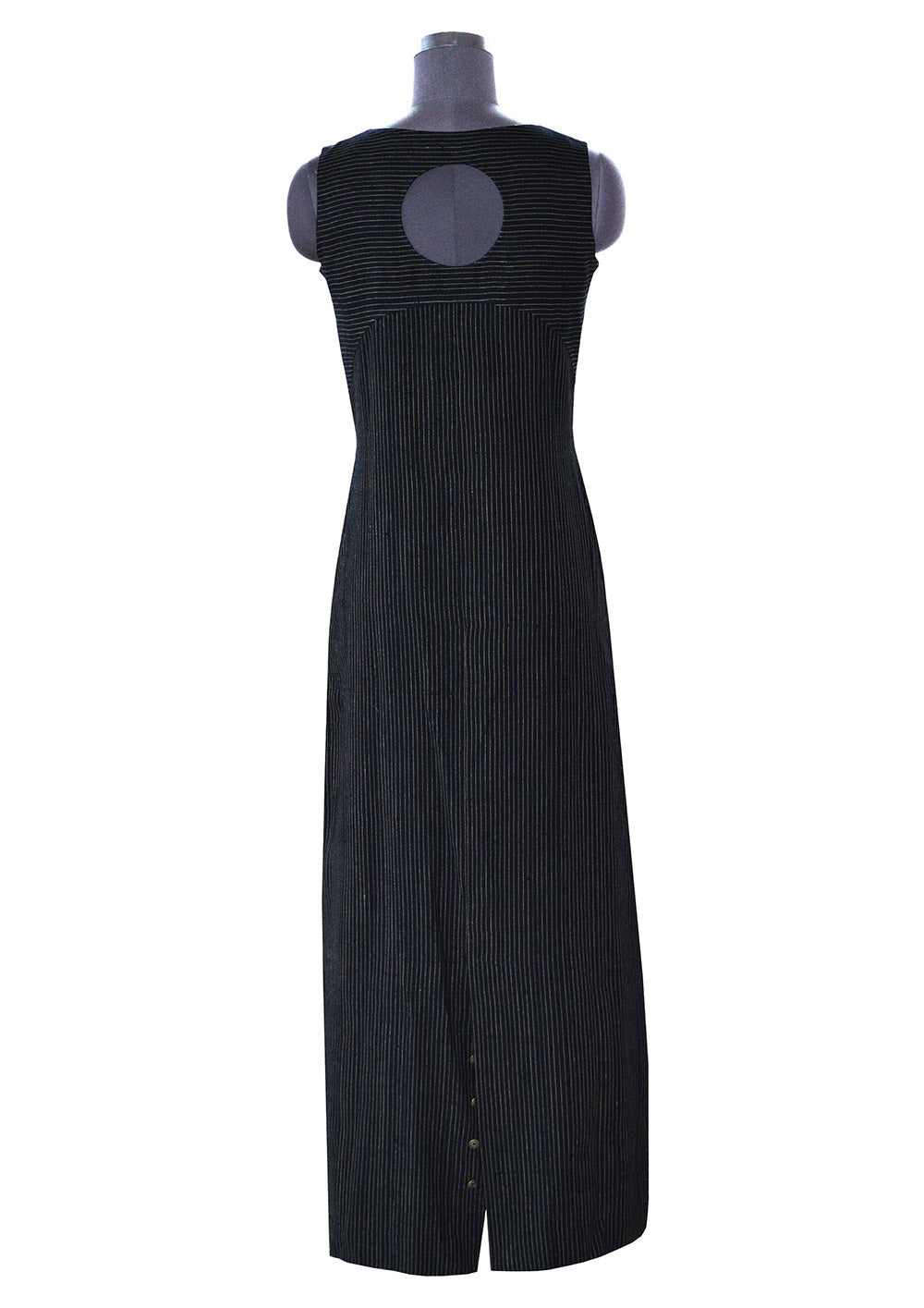 Back view of hanger shoot of Handwoven Cut-out Back sleeveless Maxi dress designed by Khumanthem Atelier