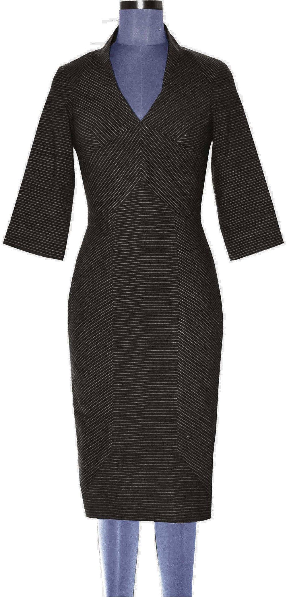 Front view of hanger shoot of Black and gold striped Paneled midi dress with cut out back designed by Khumanthem Atelier