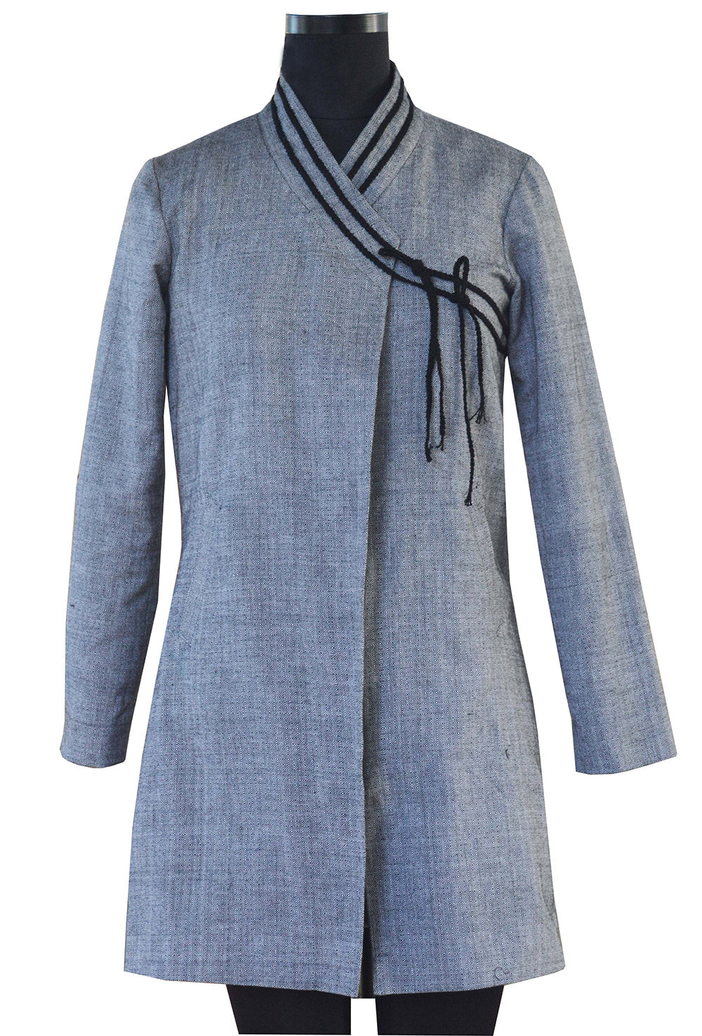 Close up view of hanger shoot of Diamond Patterned coat with braided tie-up at the collar handwoven with 100% pure cotton designed by Khumanthem Atelier