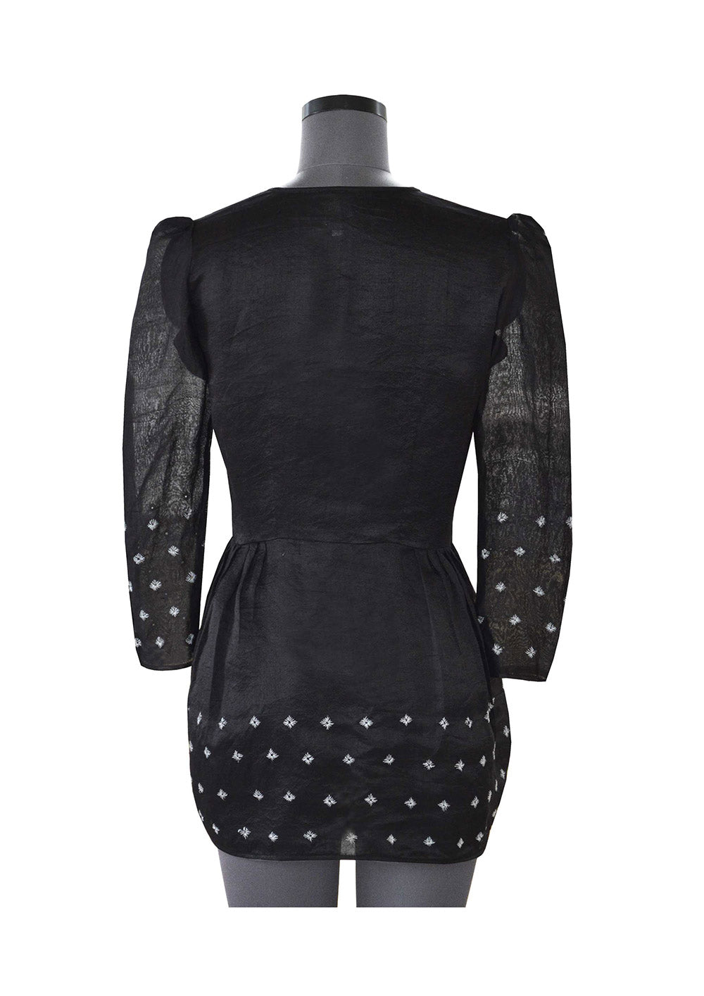 Back view of hanger shoot of Hand embroidered Sheer Black Coat with sprinkle of creme flower with puffed shoulder handmade from mulberry silk designed by Khumanthem Atelier