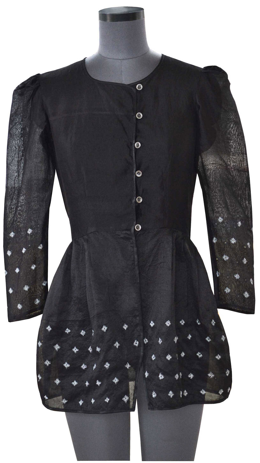 Front view of hanger shoot of Hand embroidered Sheer Black Coat with sprinkle of creme flower with puffed shoulder handmade from mulberry silk designed by Khumanthem Atelier