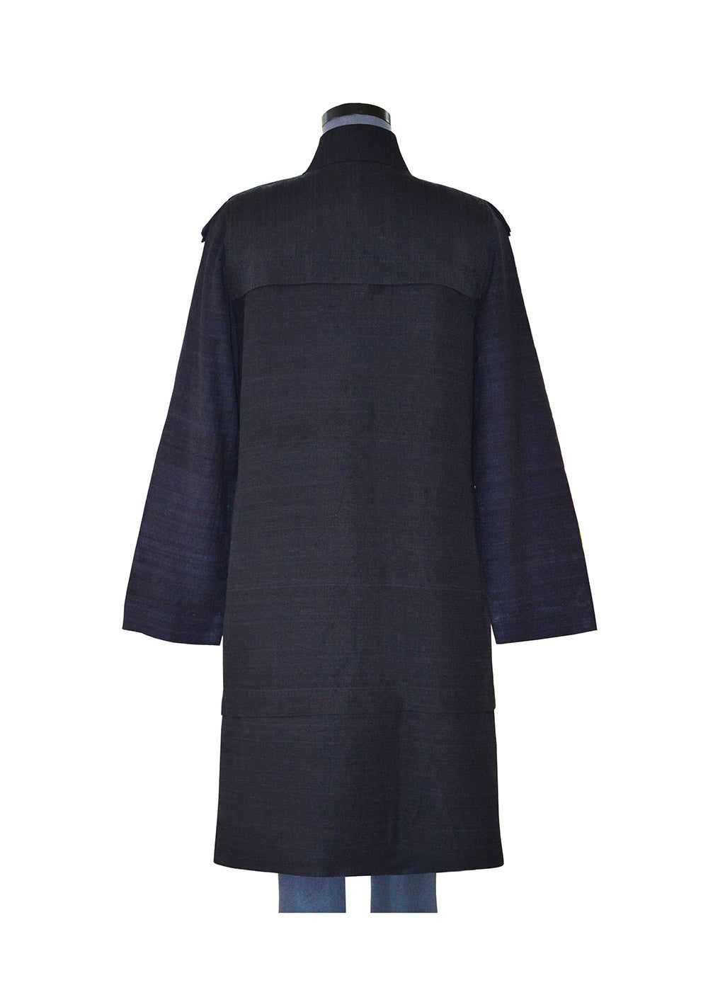 Back view of the hanger shoot of Braided Shoulder Overcoat made from handwoven mulberry and Eri silk designed by Khumanthem Atelier