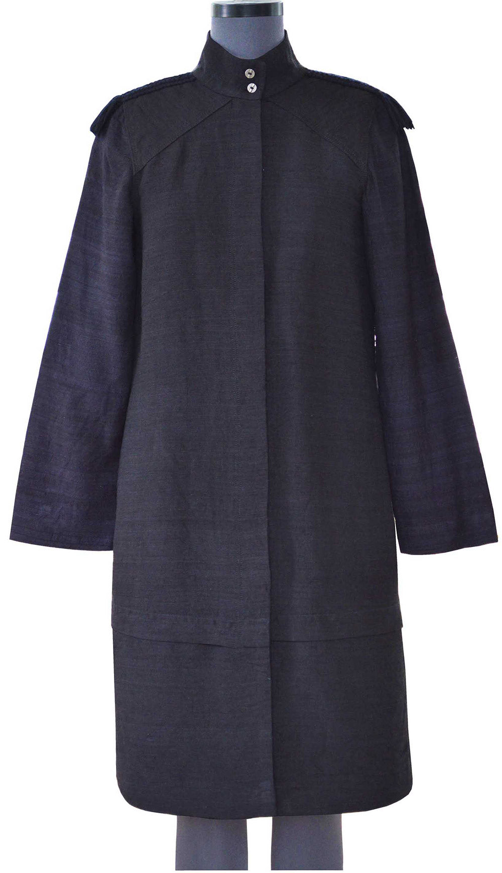 Front view of the hanger shoot of Braided Shoulder Overcoat made from handwoven mulberry and Eri silk designed by Khumanthem Atelier