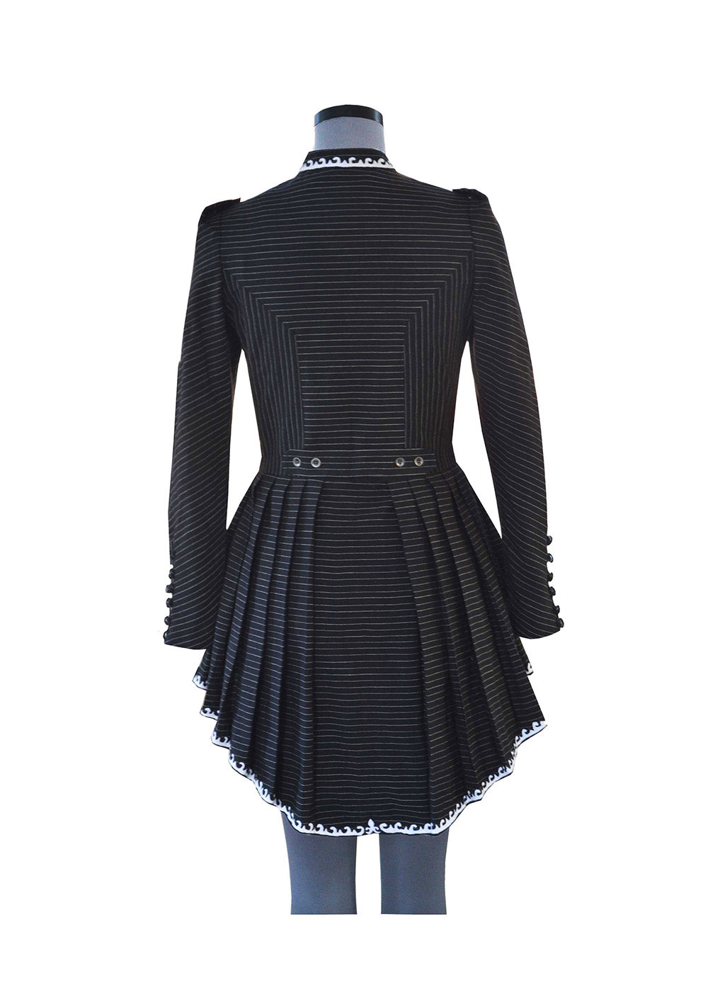 Back view of hanger shoot of Black and gold stripe High- low tiered Jacket with applique work designed by Khumanthem Atelier