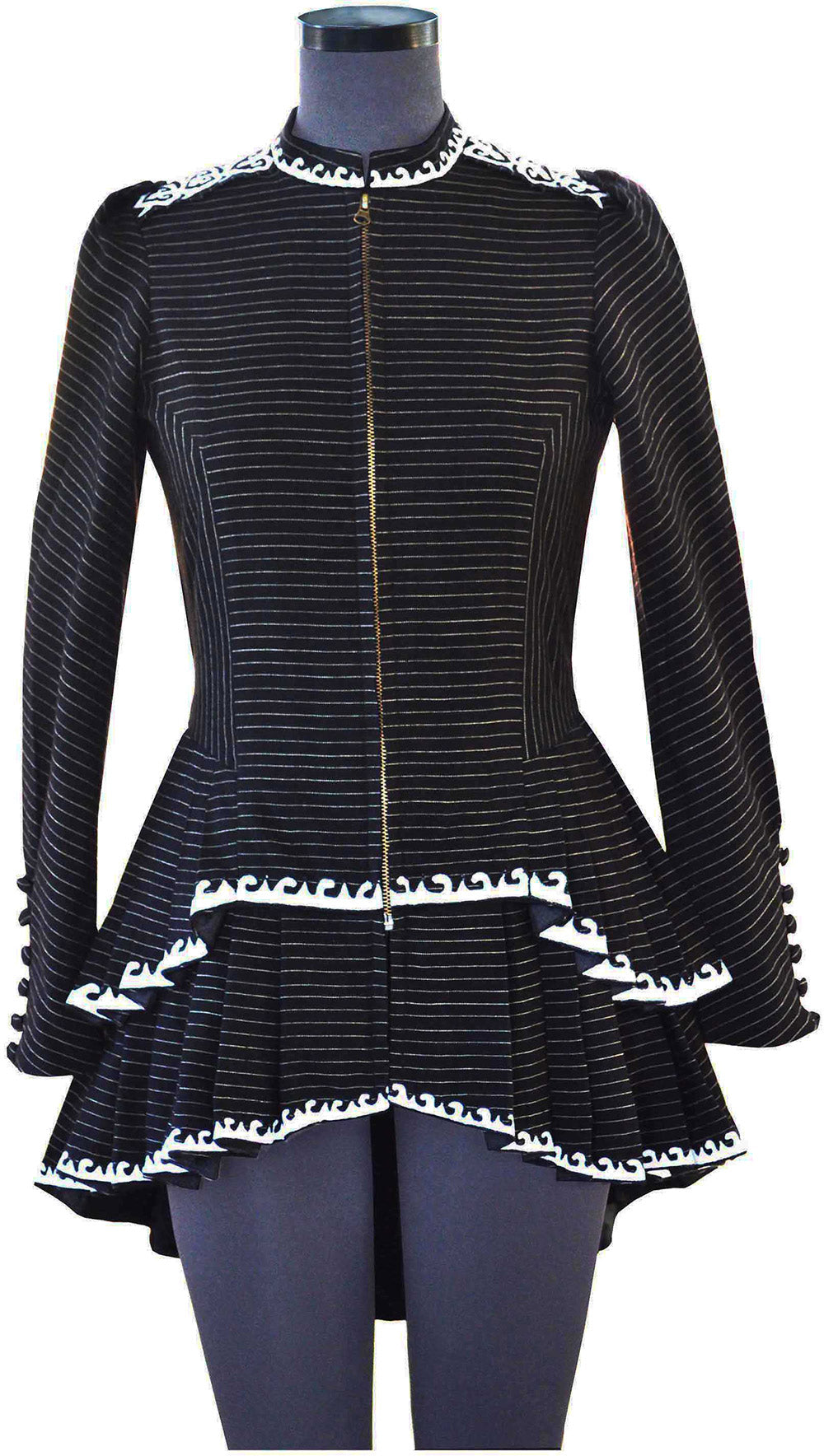 Front view of hanger shoot of Black and gold stripe High- low tiered Jacket with applique work designed by Khumanthem Atelier