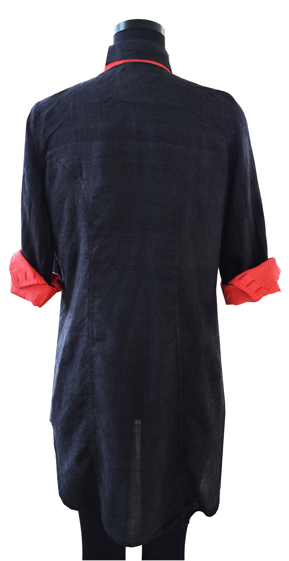 Back view of hanger shoot of Reversible Black and Red Shirt Dress made from handwoven mulberry silk designed by Khumanthem Atelier