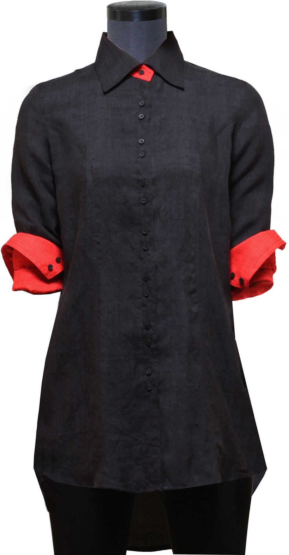 Front view of hanger shoot of Reversible Black and Red Shirt Dress made from handwoven mulberry silk designed by Khumanthem Atelier