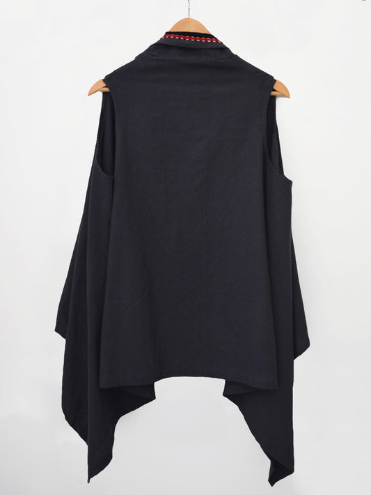 close up back view of Handwoven Sleeveless shrug with braided detail on collar, designed by Khumanthem Atelier