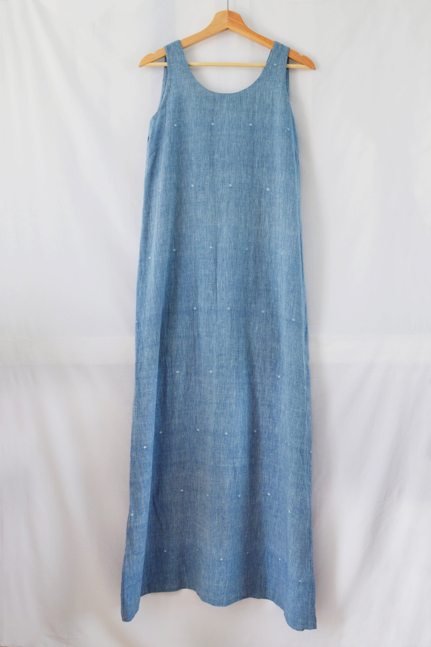 Front view of hanger shoot of Handwoven straight cotton maxi dress with dots