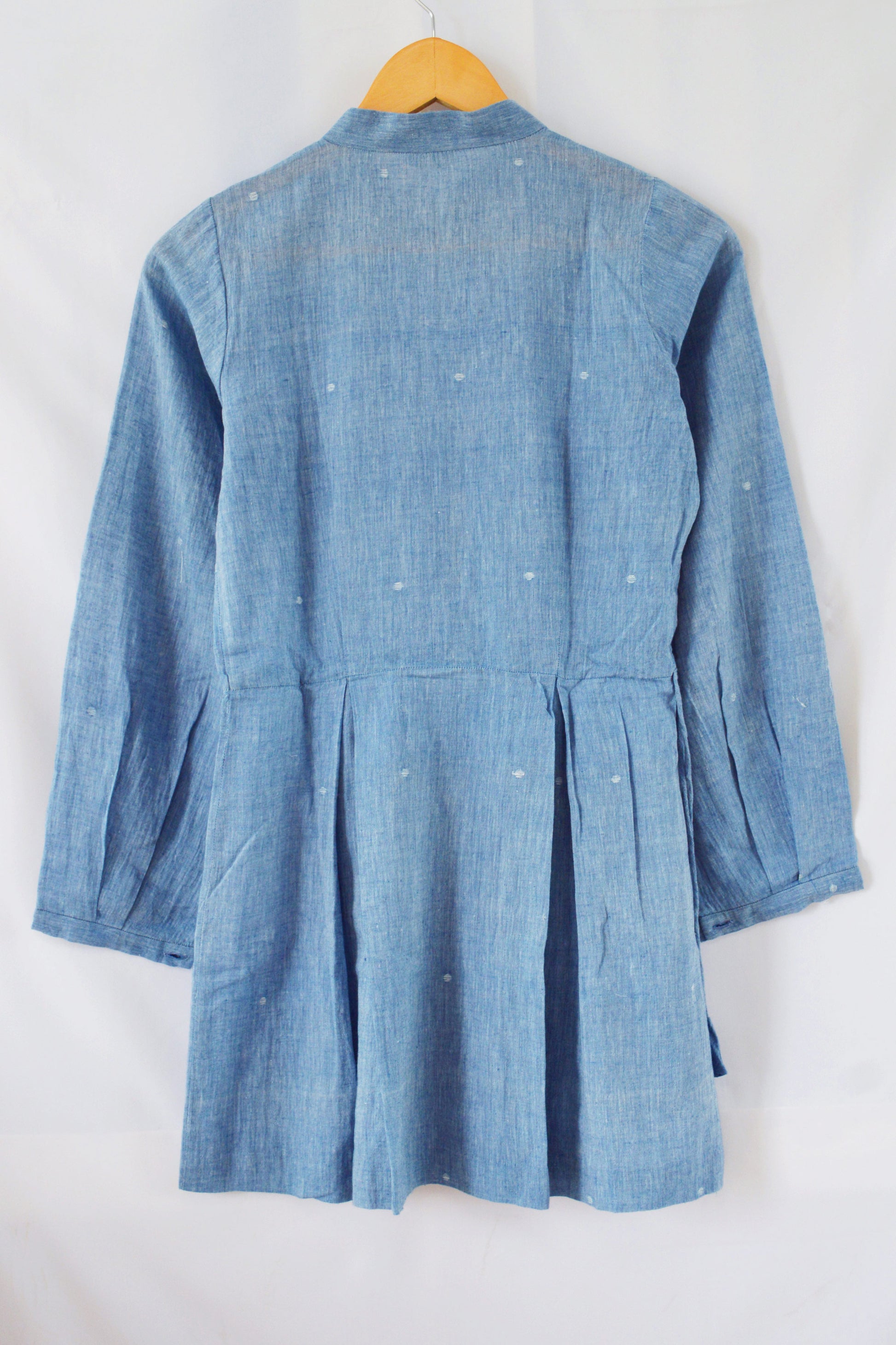 Hanger shoot Handwoven Cheongsam pleated cotton top, designed by Khumanthem Atelier, back view