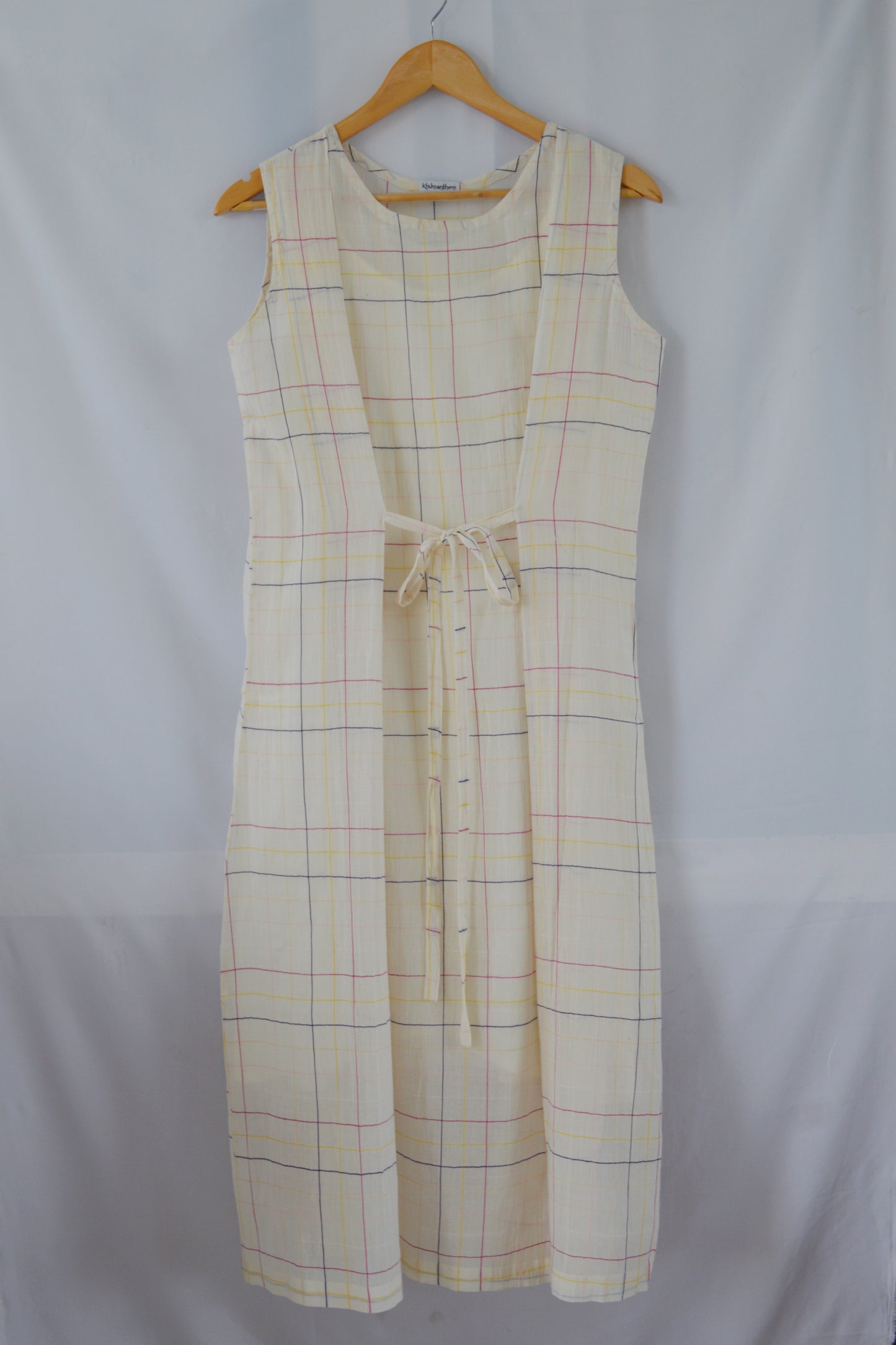 Hanger shoot Handwoven Tie-up front Cotton Tunic Dress, designed by Khumanthem Atelier, front view
